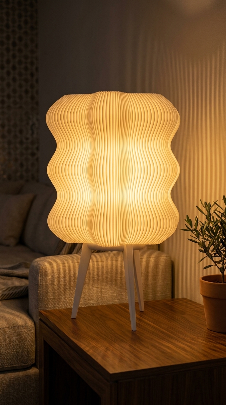 Lampe Onde allumée dans un salon, lumière chaude
